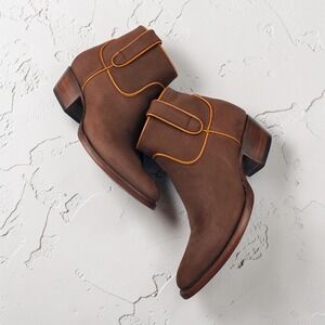 Allens Boots Brown Suede Leather Western Ankle Boots Yellow Piping 8.5 B